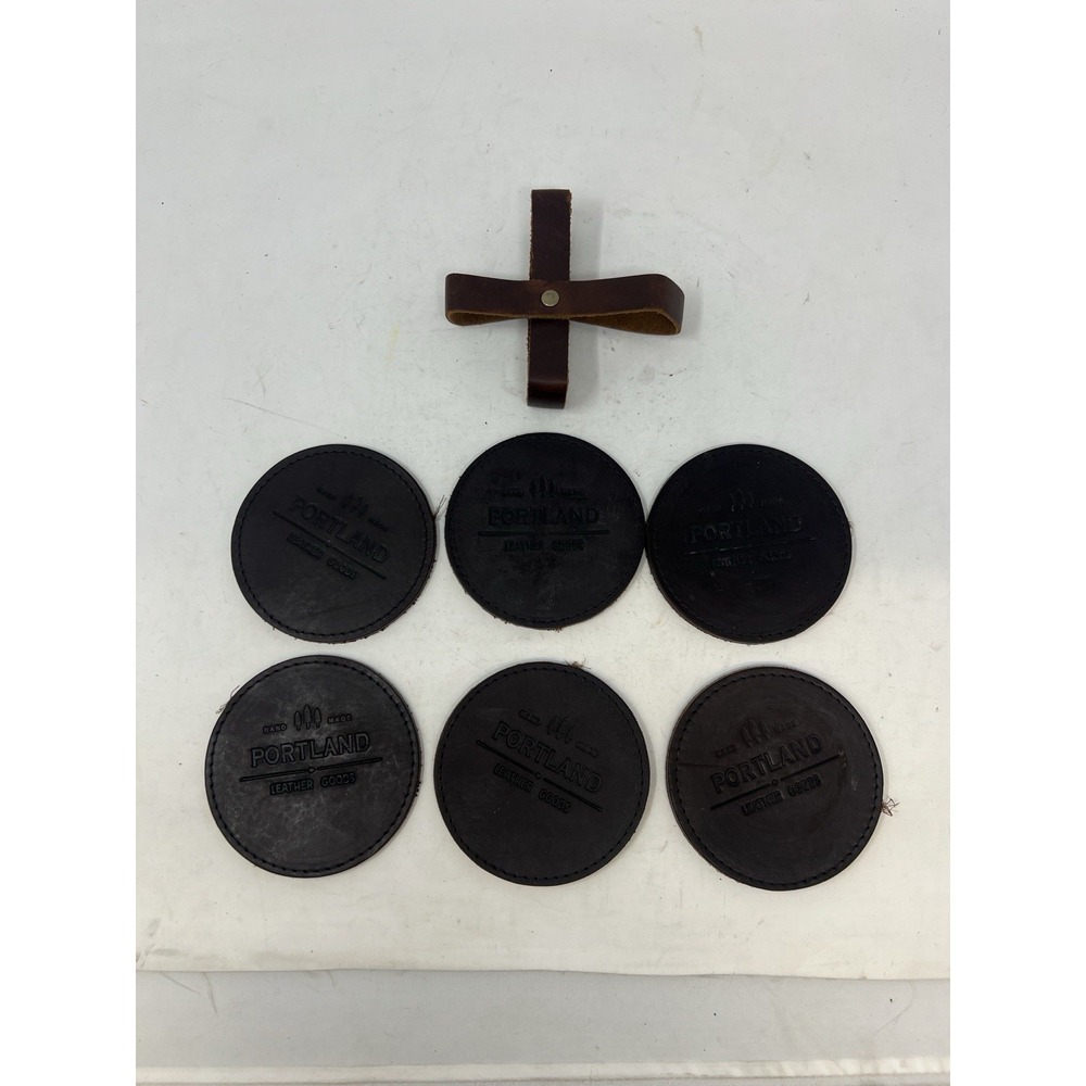 Portland Leather Goods Leather Coaster Set 6 Coasters & Storage Strap